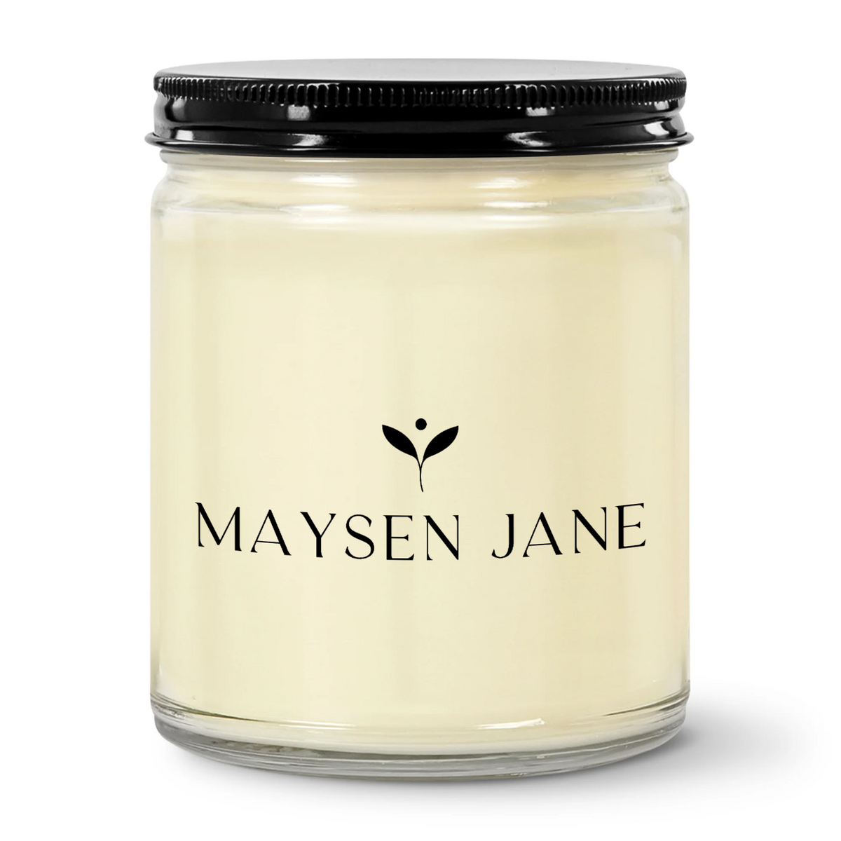 A glass jar candle with pale cream wax, a black metal screw-on lid, and the brand name 'MAYSEN JANE' printed in black on the front, set against a plain white background.