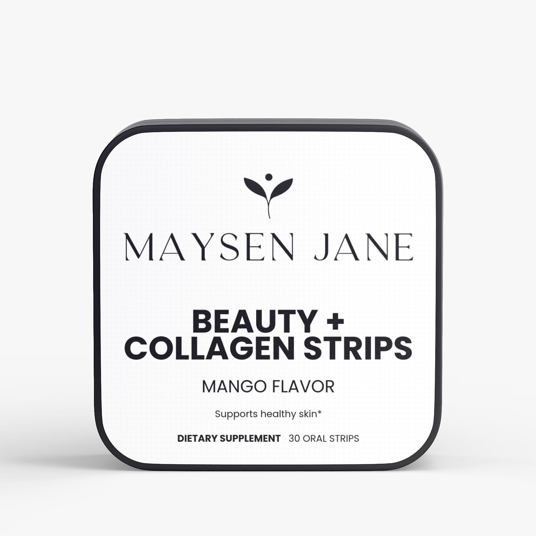 A square white supplement box with rounded corners and a black border, featuring the brand name Maysen Jane and the text 'Beauty + Collagen Strips' in black on a white background.