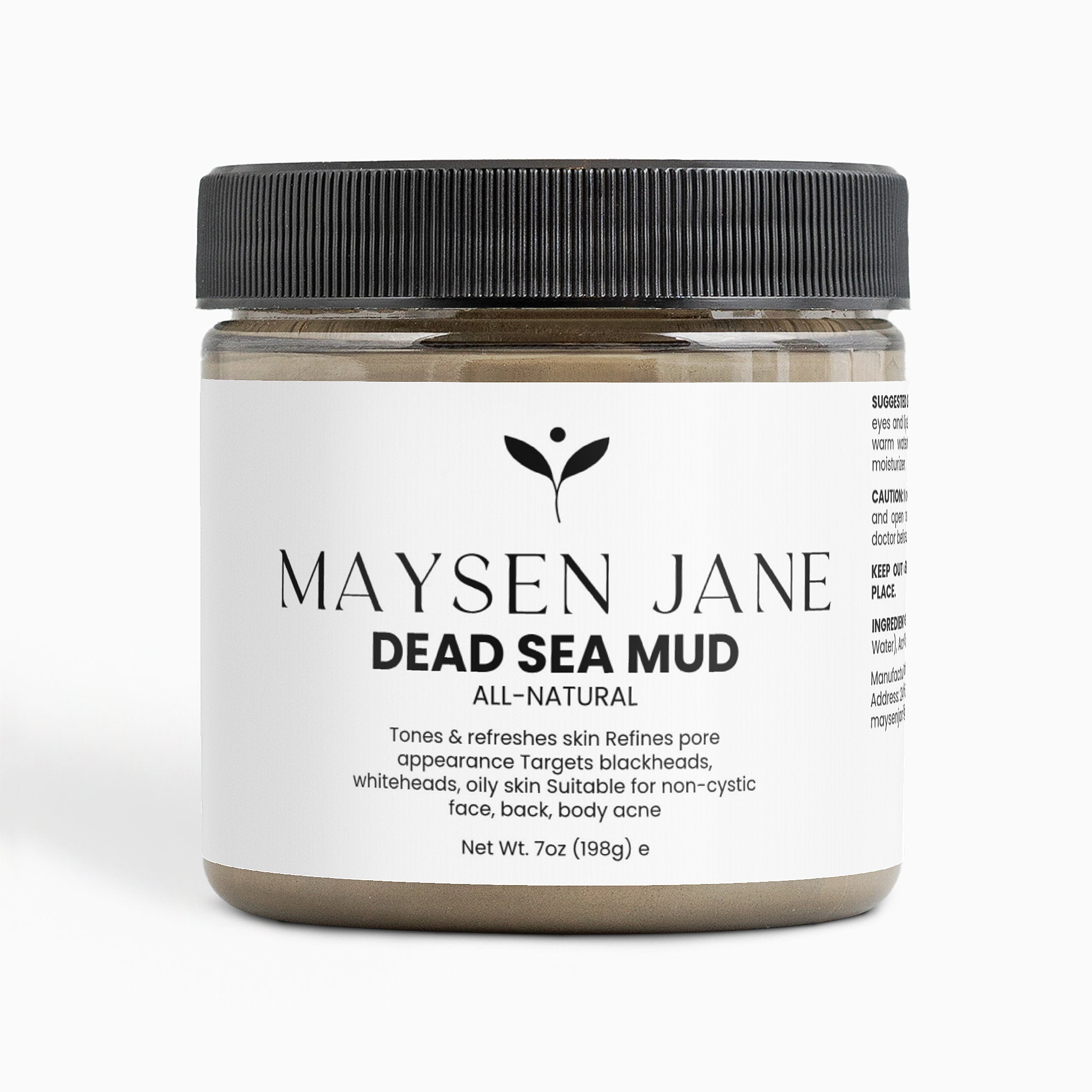A jar of Maysen Jane Dead Sea Mud All-Natural face and body scrub, featuring a black ribbed lid and a white label with black text, set against a plain white background.