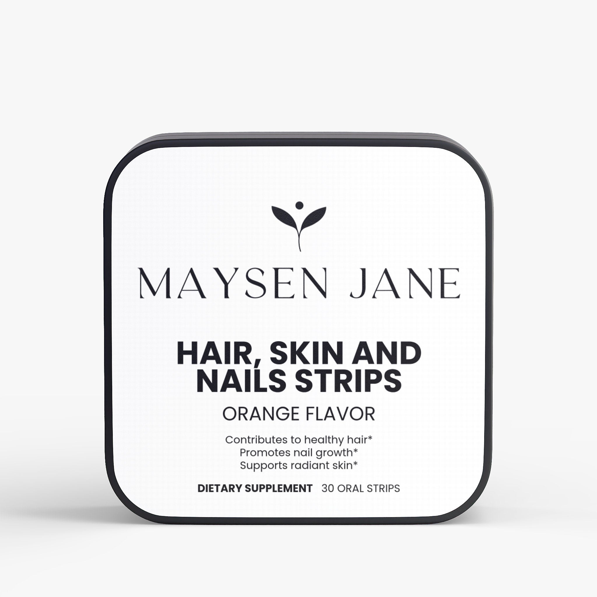 A square white supplement box with rounded corners and a black border, featuring the brand name Maysen Jane and the text 'Hair, Skin and Nails Strips' in black on a white background.